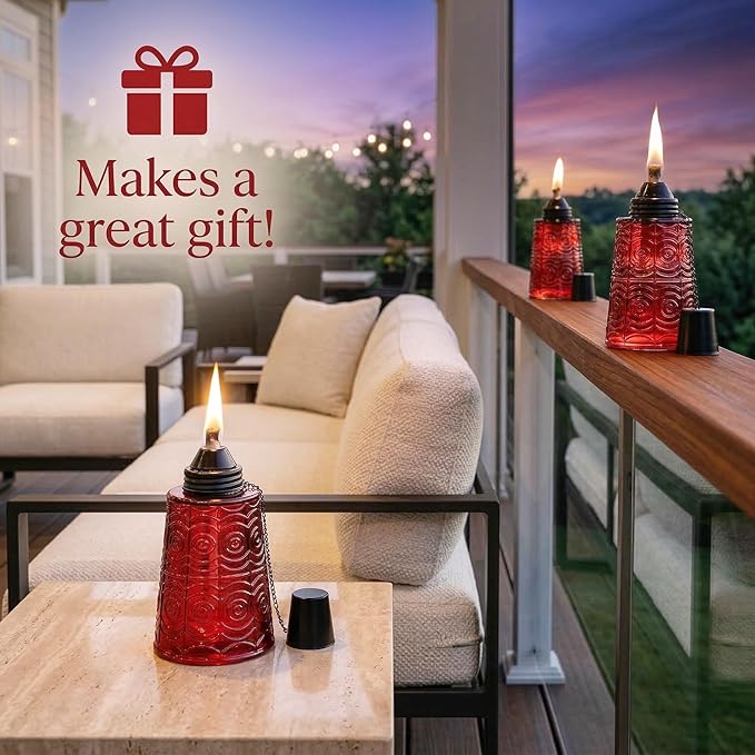 Seraphic Citronella Table Top Torches for Outdoor Patio 16oz Decorative Glass Torch Citronella Candles for Outside Deck Garden Parties Set of 3 Red