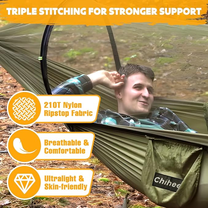 Chihee Ultra-Light Travel Camping Hammock Pop-up Net Hammock 660lbs Load CapacityBreathableQuick-Drying Parachute Nylon 2 Premium Carabiners2 Tree Slings Included for Outdoor Backpacking Hiking