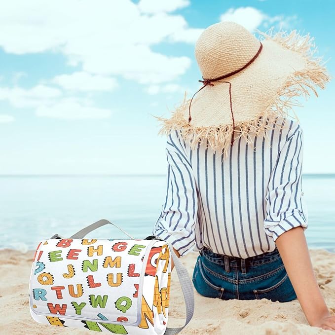 MNSRUU Picnic Blanket Waterproof Foldable ABC Simple Cartoon Large Outdoor Picnic Beach Camping Blanket Travel Mat Shoulder Strap Tote Rectangle 57x59in