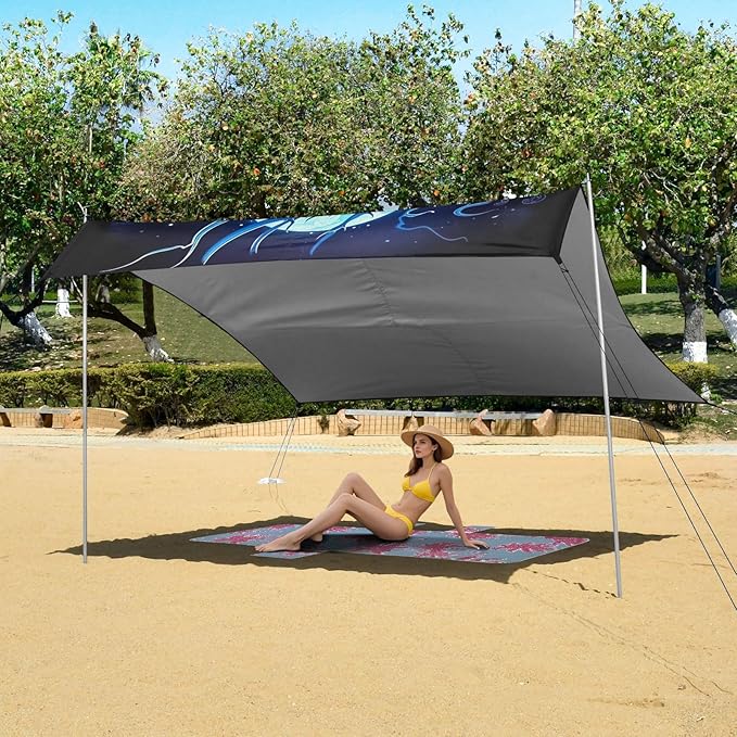 Blue Dragon Beach Tent Sun Shelter 9.2' x 10.5' Beach Canopy with 4 Sandbags 4 Stability Poles Sand Shovels - Tent Canopy for Beach Camping Fishing Picnics