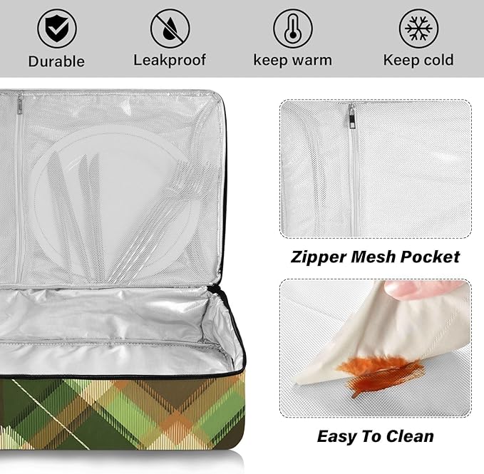 Casserole Carrier Green and Brown Tartan Insulated Casserole Carrier for Hot or Cold Food Thermal Lunch Tote for Parties Picnic Travel Carry Bag