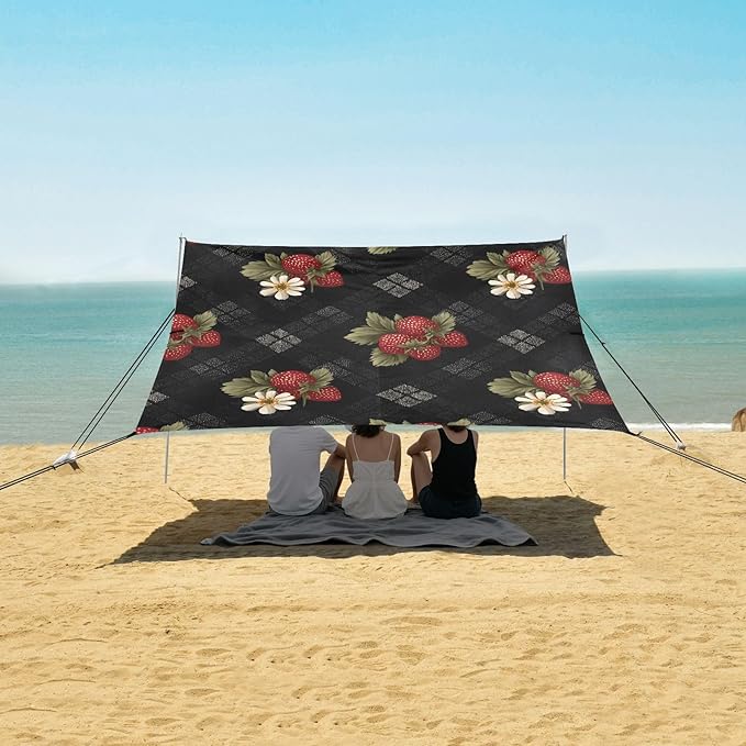 Bolaz Beach Canopy Tent Sun Shade9'×10.5' Large Family Beach Shade UPF50+- Outdoor Shade for Camping Trips FishingStrawberry Lattice Pattern