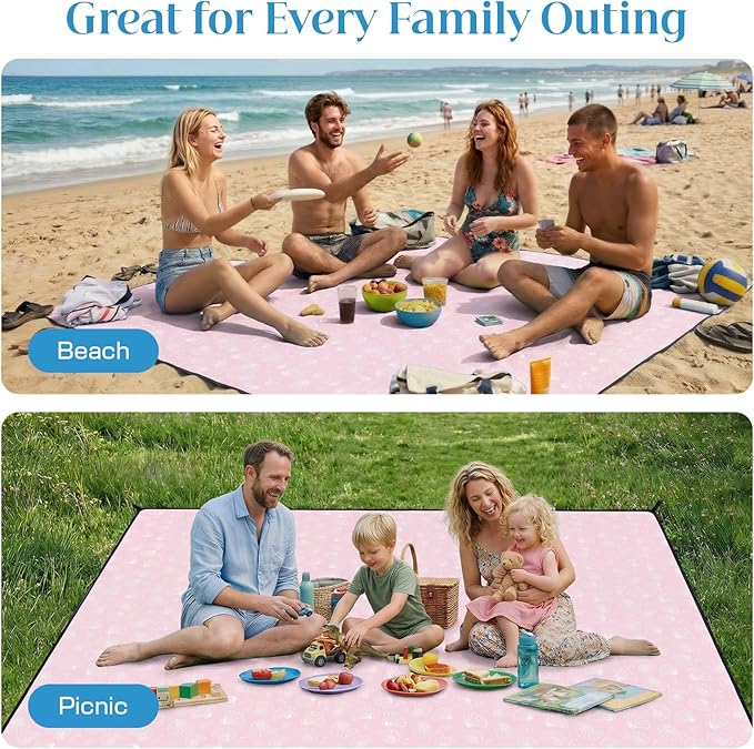 OIGAE Family Beach Blanket 7×8 ft Sand-Free Picnic Mat for 1–4 People Quick-Dry Lightweight Outdoor Blanket with Stakes &amp Corner Pockets Shell Pink