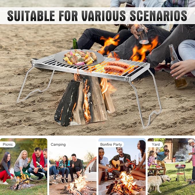 ZORMY 13 Folding Campfire Grill 304 Stainless Steel Firepit Grill Grate Heavy Duty Portable Camping Grill with Carrying Bag Gas BBQ Grill Grate for Backpacking Hiking Picnics (Medium)
