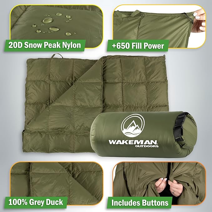 Down Camping Blanket Packable 78x52” Ultralight Compact Travel Blanket with Bag - Puffy Wearable Sleeping Gear for Camp Hiking Backpacking Stadium Festivals or Beach by Wakeman Outdoors (Green)