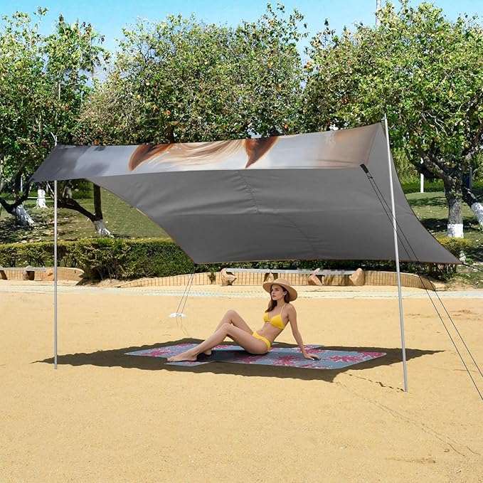 Oil Painting Horse Beach Tent Sun Shelter 9.2' x 10.5' Beach Canopy with 4 Sandbags 4 Stability Poles Sand Shovels - Tent Canopy for Beach Camping Fishing Picnics