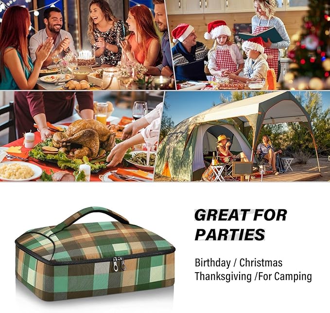 Casserole Carrier Green Brown Tartan Plaid Print Insulated Casserole Carrier for Hot or Cold Food Thermal Lunch Tote for Parties Picnic Travel Carry Bag