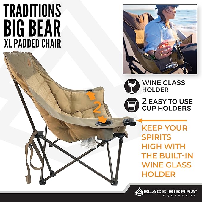 Black Sierra Deluxe Padded Camping Chair for Sports &amp Outdoors Oversize XL Outdoor Folding Chair Supports 400 lbs Heavy Duty Seat w/Dual Cup Holders/Carry Bag Perfect for RV Tailgating Glampin