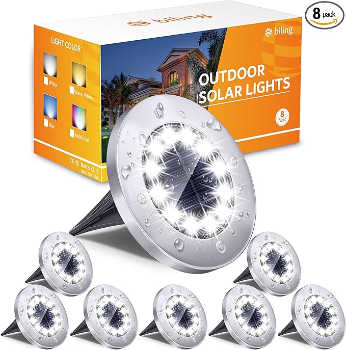 Biling Solar Ground Lights Outdoor 8 Packs 12 LEDs Bright Flat Solar Lights Outdoor Waterproof Solar Powered for Yard Walkway Garden Driveway (White)