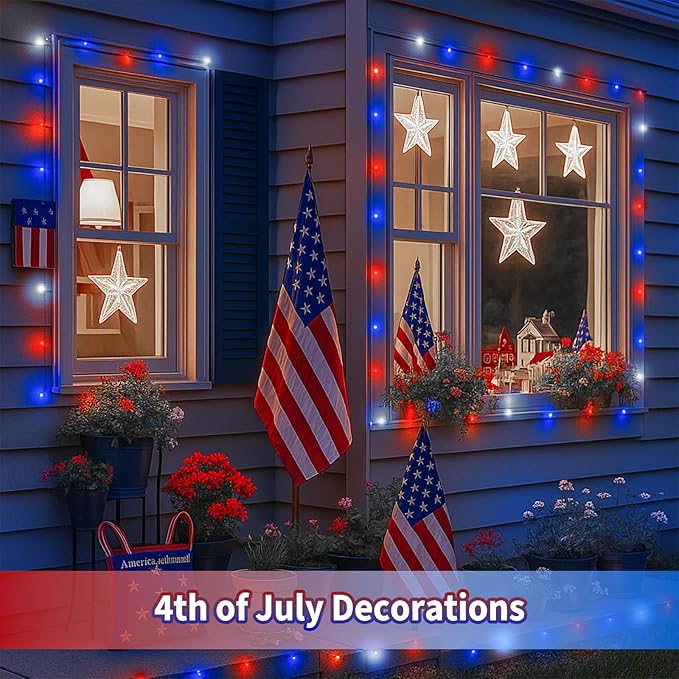 4 Pack Red White and Blue Solar String Lights 320LED 180FT 4th of July Decorations Outdoor Waterproof 8 Modes Patriotic Solar Fairy Twinkle Lights for Independence Memorial National Day Decorations