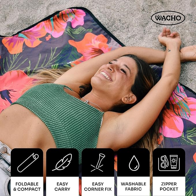 Wacho Waterproof Picnic Blanket – Large Sandproof Outdoor Mat with Carry Bag for Beach Camping Park &amp Travel Foldable Lightweight Easy to Clean &amp Portable Ground Cover for Families–Hibiscu