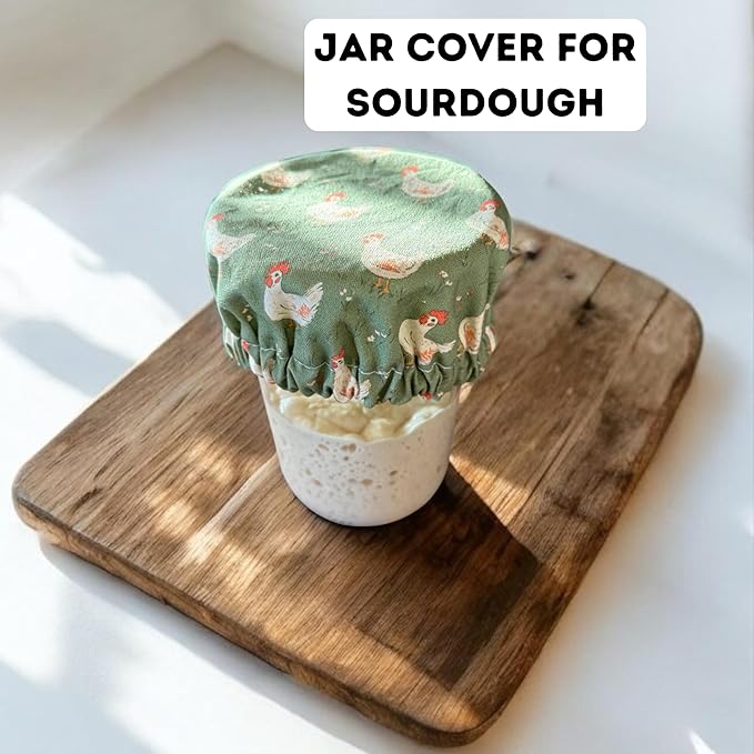 (4-Pack) Sourdough Reuseable Jar &amp Bowl Covers | Cute Baking Gift | 100% Cotton | Washable | Bread Proofing | Kitchen Food Storage Gifting | Starter Cover Lid Kit (Chickens)