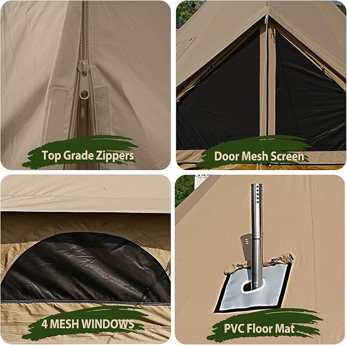 Cotton Canvas Bell Tent Waterproof Large Tents with Sturdy Center &amp Door Pole and Space for 4/6/8 Person All 4 Season Camping Yurt Tent