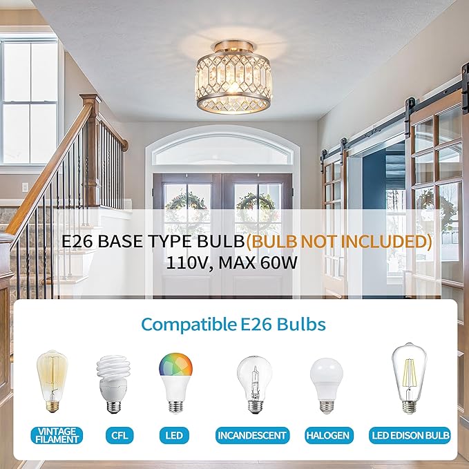 Crystal Ceiling Light Fixture Modern Semi Flush Mount Ceiling LightCrystal Chandelier for Kitchen Bedroom Bathroom Entryway Nickel Finish (Bulb not Included)