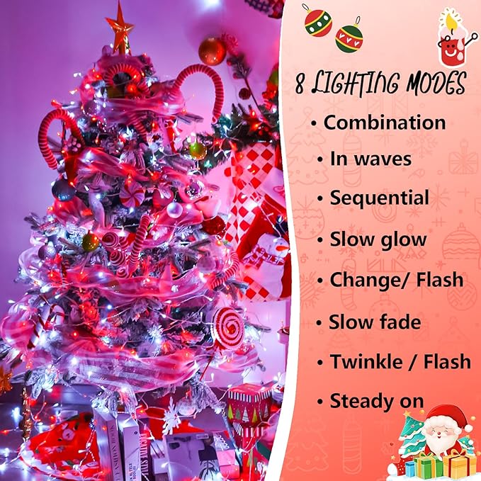 YEGUO 165ft 500 LED Red and White Christmas Lights Outdoor Waterproof Clear Wire String Lights Indoor Plug in 8 Modes Clear Wire Twinkle Tree Light for Xmas Party Garden