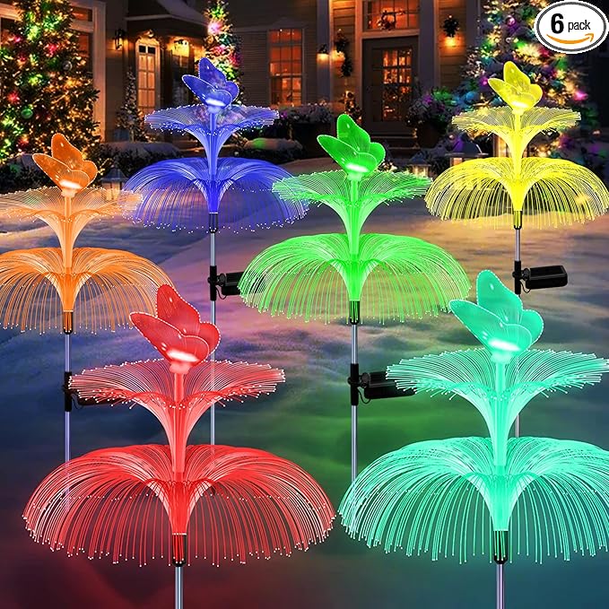 6 Pack Solar Garden Lights Gardening Birthday Gifts for Mom Grandma Women Waterproof 7 Color Changing Jellyfish Light with Butterfly Solar Flower Lights for Outdoor Pool Yard Garden Decor