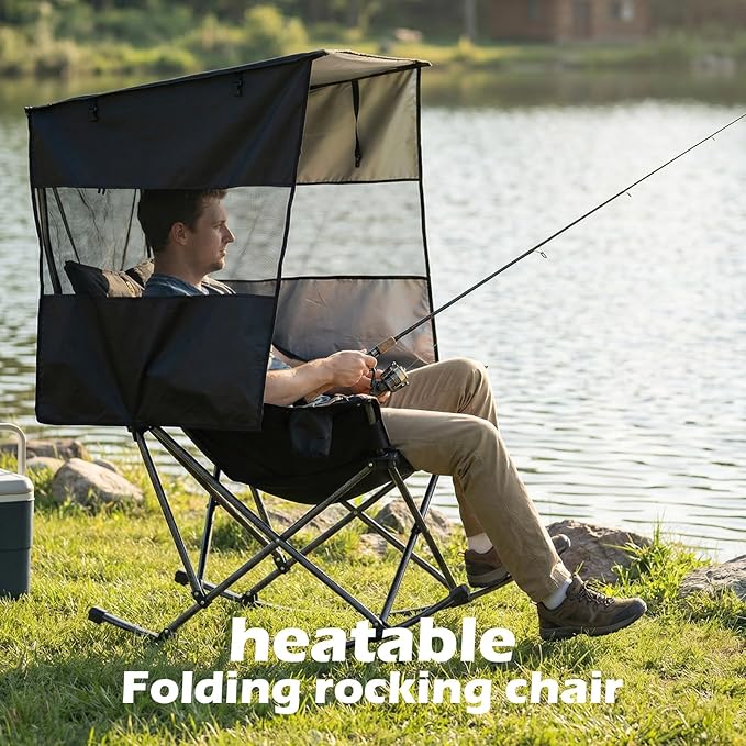 Nice C Heated Rocking Camping Chair with Canopy XL Oversized Folding Rocker with Battery Outdoor Umbrella Chairs with Shade with Cup Holder Cooler Bag for Sports Patio Backyard (1 Pack)