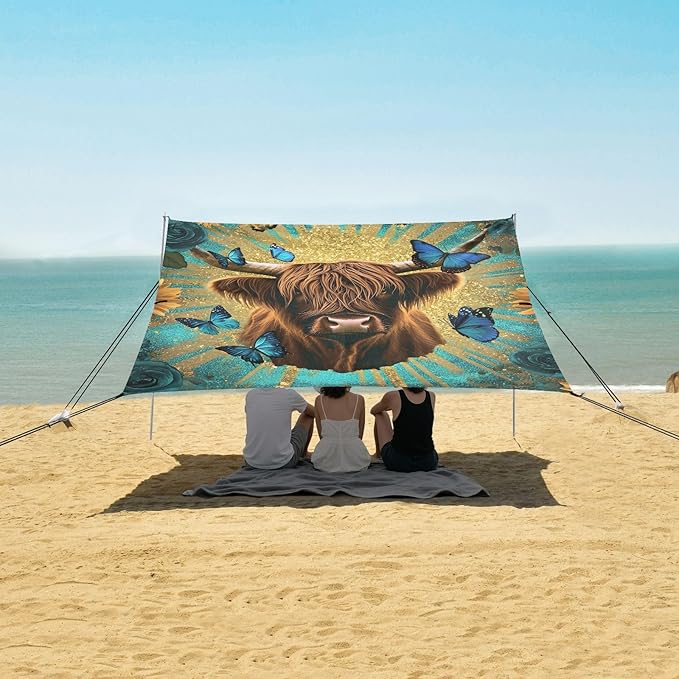 Beach Tent Sun Shelter Highland Cow Sunflowers Lightweight &amp Easy Setup Beach Shade Canopy for Camping Fishing
