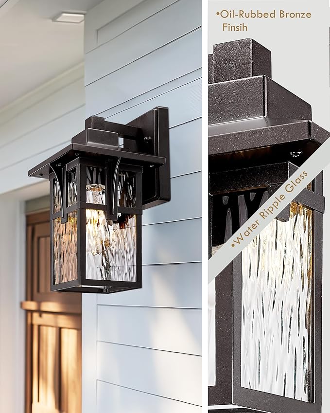 Outdoor Wall Light Fixture HWH 12.4 Inch Outdoor Light for House with Water Ripple Glass Exterior Lighting Fixture in Oil-Rubbed Bronze Finish 5HX62B ORB SW