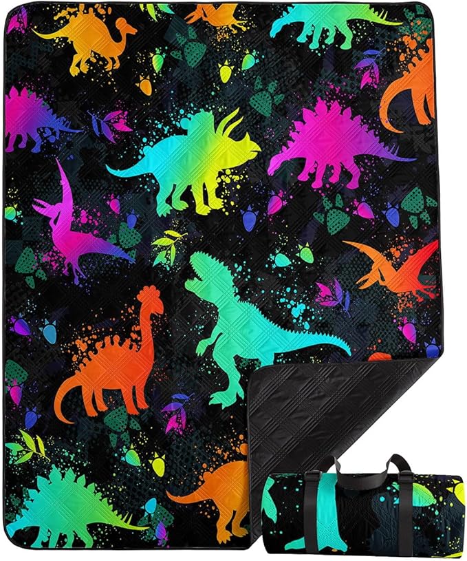 Outdoor Picnic Blanket Portable Ultrasonic Waterproof Picnic Dinosaur Graffiti Printed Camping Beach Mat for Sand and Wet Grass Hiking (Dinosaur02 S