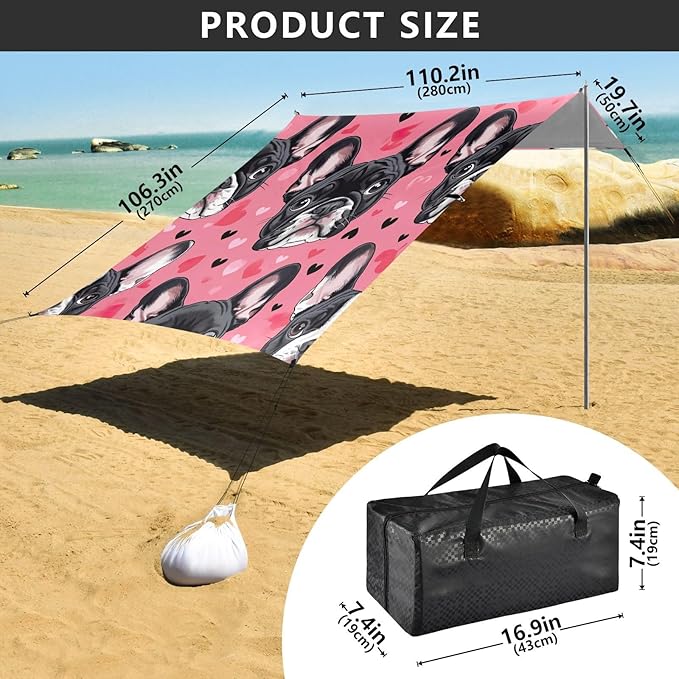 Cute French Bulldog Beach Tent Sun Shelter 9.2' x 10.5' Beach Canopy with 4 Sandbags 4 Stability Poles Sand Shovels - Tent Canopy for Beach Camping Fishing Picnics