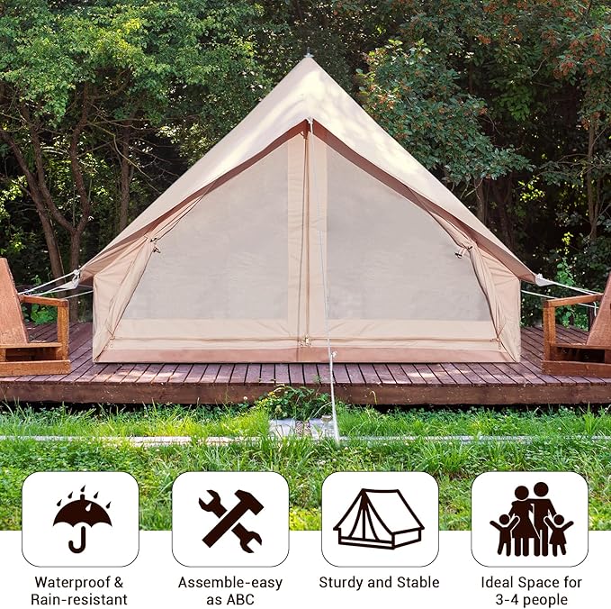 Canvas Cabin Bell Tent for 3-4 Person Waterproof Glamping Yurt Tent Breathable All Seasons Outdoor Camping Tent 6.69*8.2*4.92'