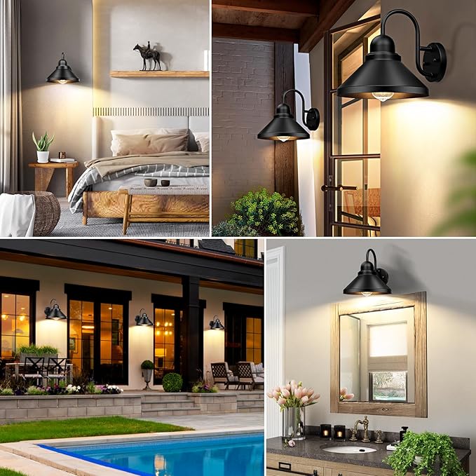 Brightever Gooseneck Outdoor Wall Sconces 2-Pack Large 10.23IN Farmhouse Barn Lights for Porch Industrial Black Exterior Wall Lights for Garage Patio E26 Base Anti-Rust Bulb not Included