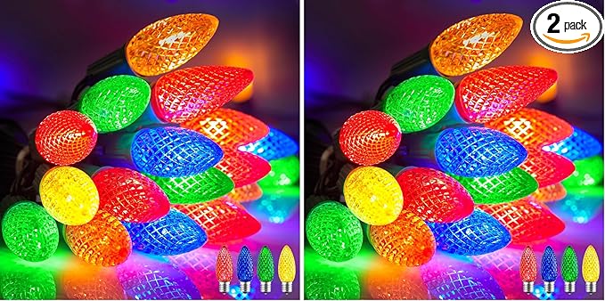 Minetom C9 Christmas String Lights 100 Ft Multicolor Outdoor Christmas Lights 100 Strawberry LED Bulbs Connectable UL Certified for Indoor Roofline Holiday Backyard Xmas Decor (Pack of 2)