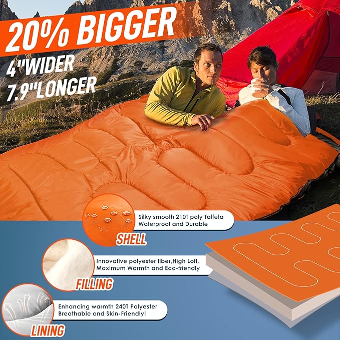 MEREZA Double Sleeping Bag for Adults Mens with Pillow XL Queen Size Two Person Sleeping Bag for All Season Camping Hiking Backpacking 2 Person Sleeping Bags for Cold Weather &amp Warm