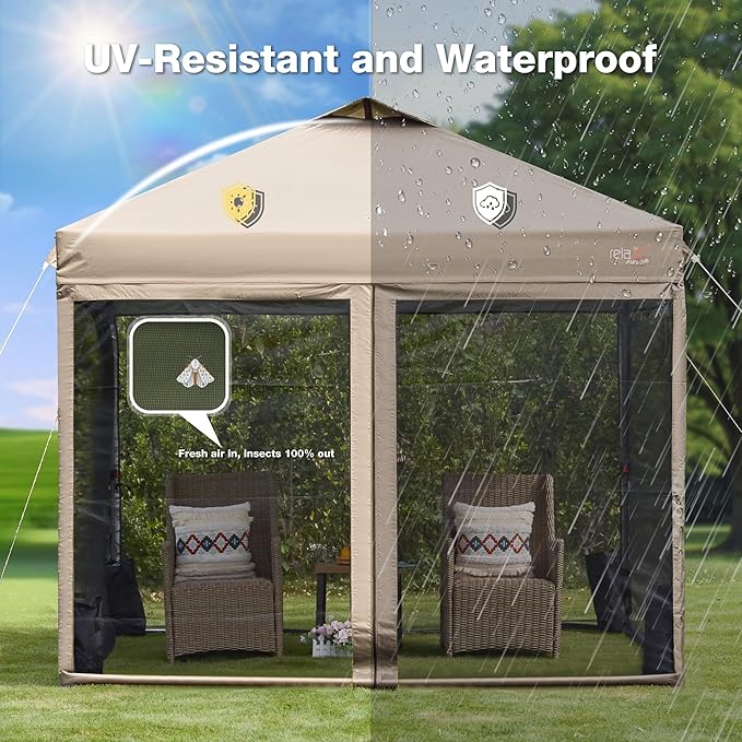 10x10 Pop Up Canopy Tent with Mosquito Netting Outdoor Portable Screen Tent for Yard Party Camping and Picnic 3 Height Positions Patio Gazebo with Roller Bag and 4 Sandbags Khaki