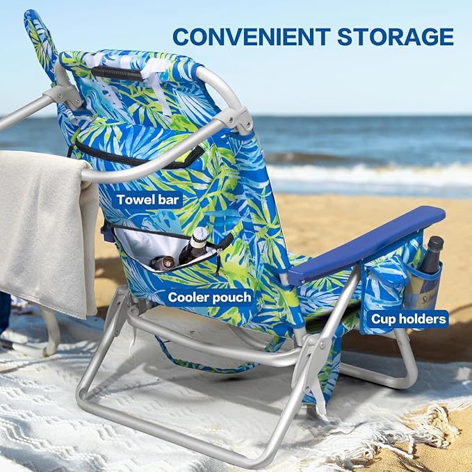 LEMBERI Backpack Beach Chair with Umbrella for Adults1/2 Pack Folding Heavy Duty Camping Chair with Large Pockets and Cup HolderAdjustable high Beach Lounge Chairs with Towel Rack (1 Palm Leaf)