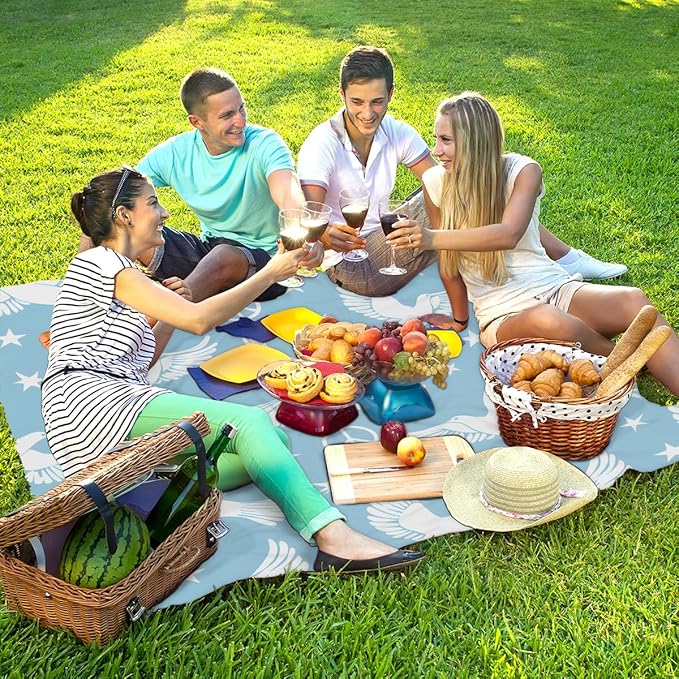 Waterproof Sandproof Beach Blanket 59''×68'' Peace Dove Polyester Outdoor Picnic Blanket with 4 Stakes &amp Storage Bag for BeachCampingVacation Lake Blue