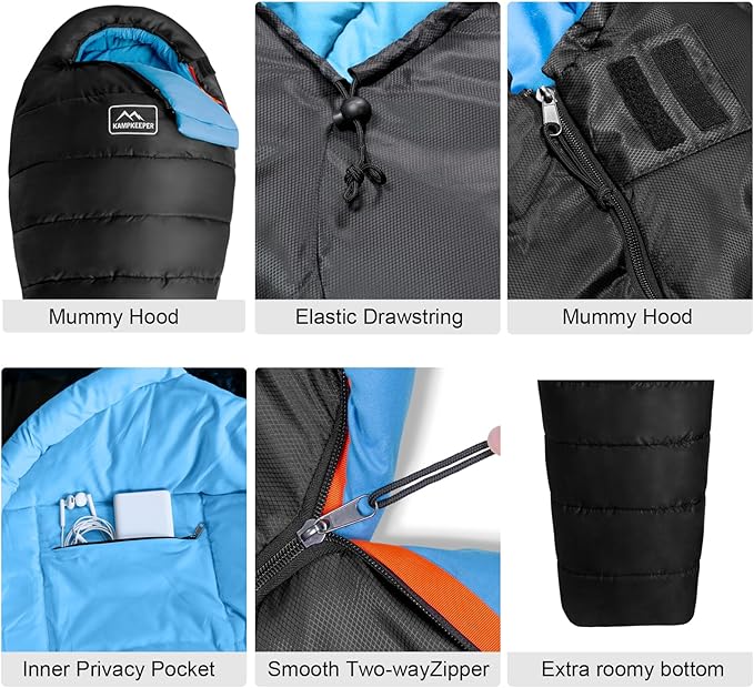 KAMPKEEPER Mummy Sleeping Bag Cold Weather Camping Sleeping Bag 32℉ 3-4 Seasons Adults Sleeping Bag Non-Snag Zipper with Adjustable Hood for Backpacking Hiking