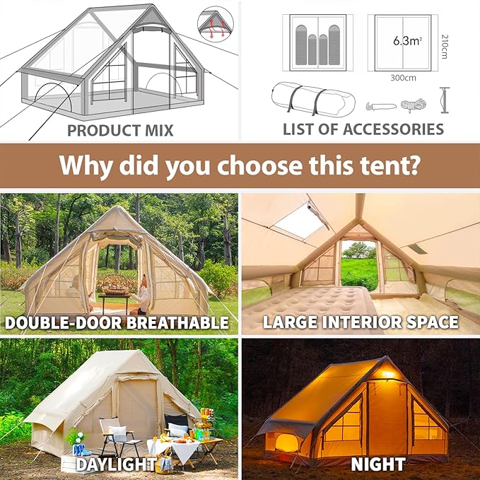 Inflatable Tents for Camping Large Inflatable Camping Tent with Hand Pump Easy Setup Tents for 2/4/6/8/10/12 People Portable Glamping Tent
