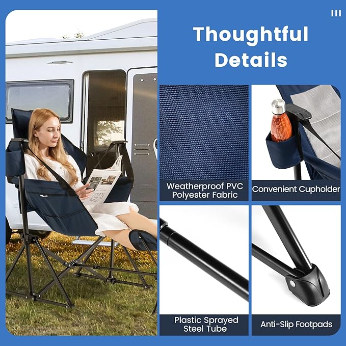COSTWAY Folding Camping Chair Portable Beach Chair with Retractable Footrest Adjustable Back Cup Holder &amp Carry Bag Outdoor Lawn Patio Chair for Camping Fishing Hiking (Navy 1 Pack)
