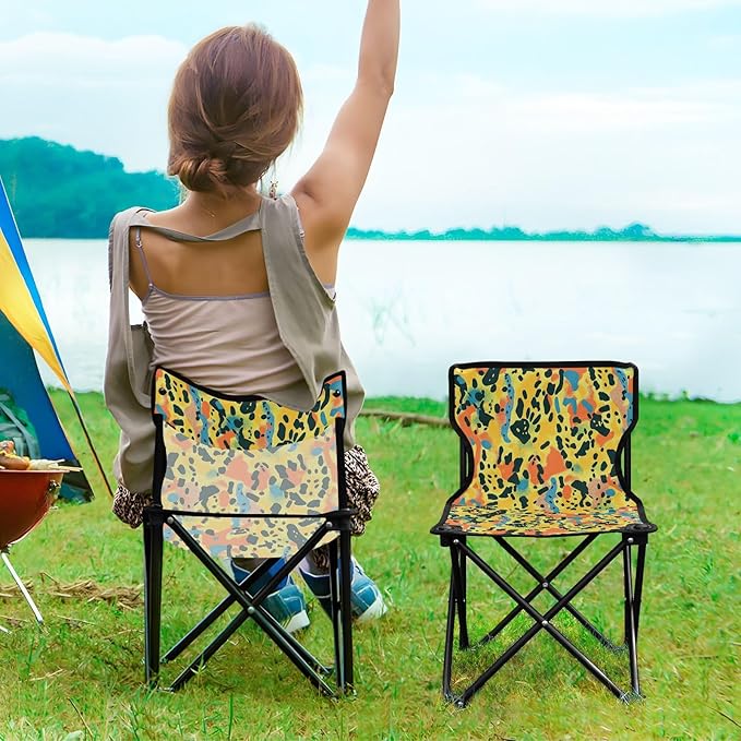 Leopard Spots Orange Black Compact Portable Chairs for Adults Ultra Lightweight Youth Camping Chair Includes Carry Bag Portable Chair for Waiting in Line for Concert Fishing