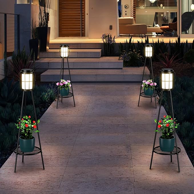 MXwcy 2 Pack Solar Lights Outdoor with Plant Stands - Solar Floor Lamp &amp Street Lights with Metal Tripod - Patio Decor for Garden Yard Pathway Driveway Porch