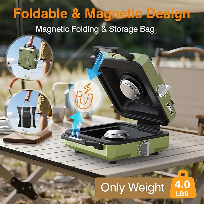 ODSD 2 Burner Camping Stove with Windshield 20000 BTU Propane Camp Stove Portable Folding Gas Stove Camping Essentials Gear Includes Frying Pan Coffee Stand &amp Carry Bag Green