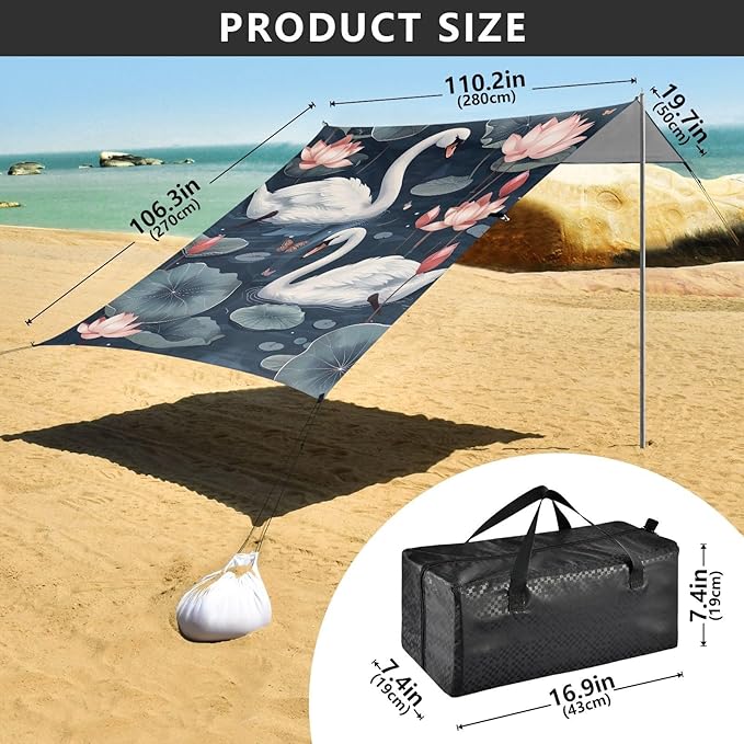 Japanese Swans Beach Tent Sun Shelter 9.2' x 10.5' Beach Canopy with 4 Sandbags 4 Stability Poles Sand Shovels - Tent Canopy for Beach Camping Fishing Picnics