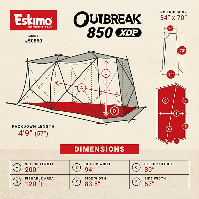 Eskimo® Outbreak 850XDP Pop-Up Portable Ice Fishing Shelter No-Trip Door 7-9 Person Red/Black 50850