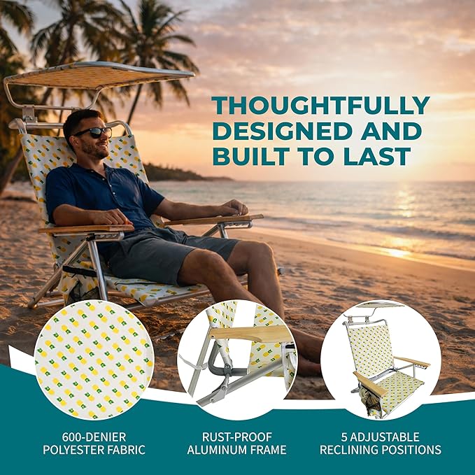 Bliss Hammocks Folding Beach Chair Adjustable Recliner Outdoor Backpack Seat with Canopy and Storage Pouch 275 lb Capacity Pineapple