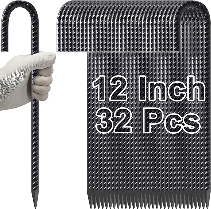 VVOKGO Rebar Stakes 12 Inches J Hook Heavy Duty Chain Link Fence Stakes 32 Pcs Metal Long Tent Spikes Ground Anchors for Wire Fencing Dogs Digging Camping Tents Swings Greenhouse Black