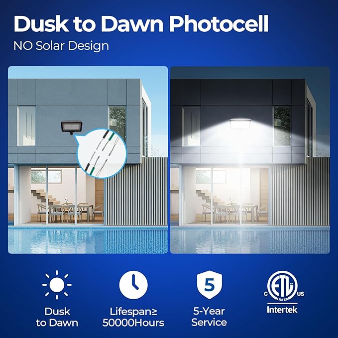 CINOTON Dusk to Dawn LED Flood Light Outdoor 50W 7000LM IP65 Waterproof Security Wall Light Fixture with 180°Knuckle for Warehouse Patio Porch Garage 5000K Daylight AC100-277V