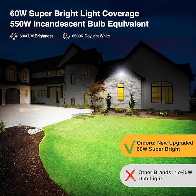 Onforu 60W LED Dusk to Dawn Outdoor Lighting2 Packs 6000LM Exterior Flood LightsIP65 Waterproof Outdoor 3 Adjustable Heads Photocell Black Lights Fixture6500K Daylight White Floodlights(Black)