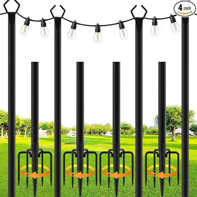 SINLEY 4 Pack String Light Poles10 Ft Metal Poles with Fork for Outdoor String LightsOutdoor Light Poles with ForkPoles/Post/Stand for OutsidePatioDeckBackyardGarden WeddingParty