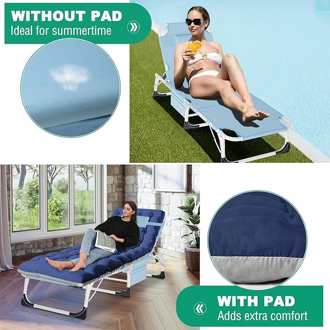 LILYPELLE Portable Folding Camping Cot Adjustable 5-Position Face Down Folding Chaise Lounge Chairs Outdoor Portable Bed Sleeping Cot for Camping Pool Beach Patio