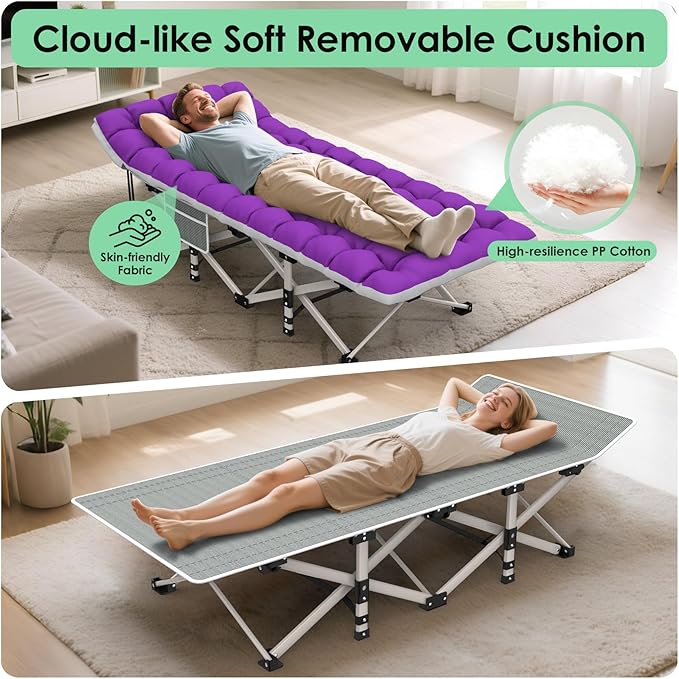 Suteck Camping Cot Folding Camping Cot Bed for Adults Sleeping 1200D Double Layer Oxford Portable Folding Outdoor Cots for Camping W/Soft Pad Carry Bag for Home Office Nap Beach Travel 500LBSPurple
