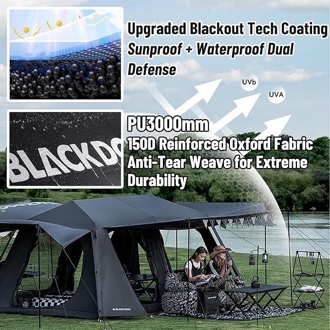 Blackdog 11㎡/116ft² 8-10 Person Camping Tent with Movie Screen 6 Door 2 Room Large Cabin Tent with 5-Sided Mesh Windows Waterproof Big Family Tents for Hiking