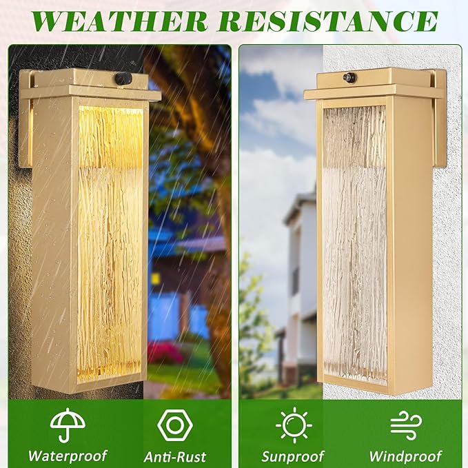 16 Dusk to Dawn LED Outdoor Light 2 Packs Gold Outside Porch Lights Wall Mount Large Exterior Lighting Fixtures with Rippled Glass Waterproof Modern Wall Lantern for House Patio