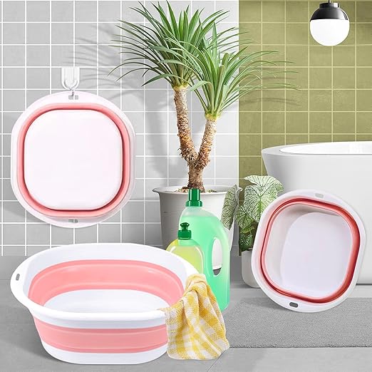 Collapsible Basin 3 Set Foldable Wash Basin Plastic Laundry Tub Space Saving Wash Tub for Dish Fruit Camping Laundry Hiking &amp Home (Pink)